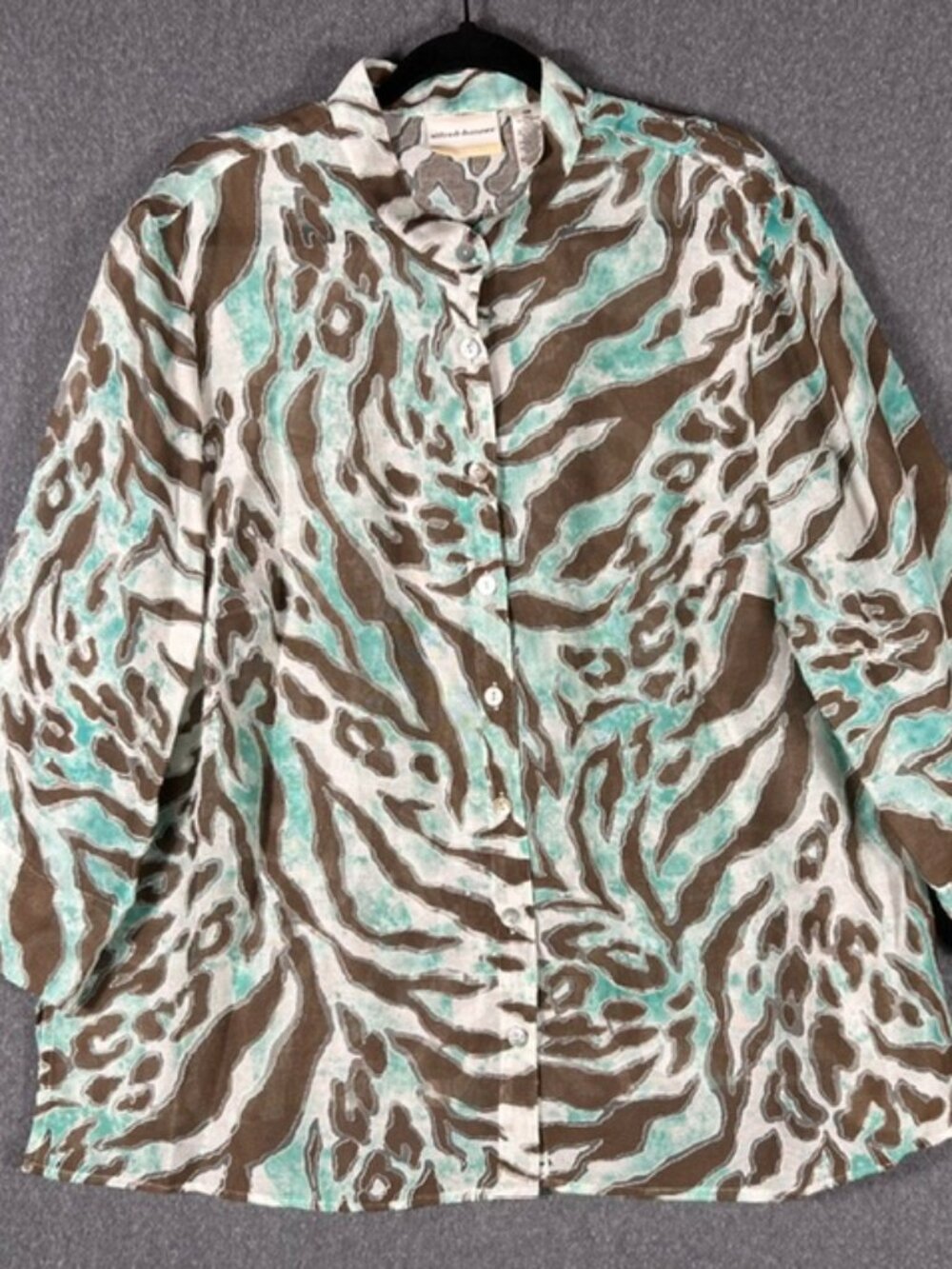 Alfred Dunner Semi Sheer 3/4 Sleeve Shirt Womens Sz 18W White/Teal/Black Animal